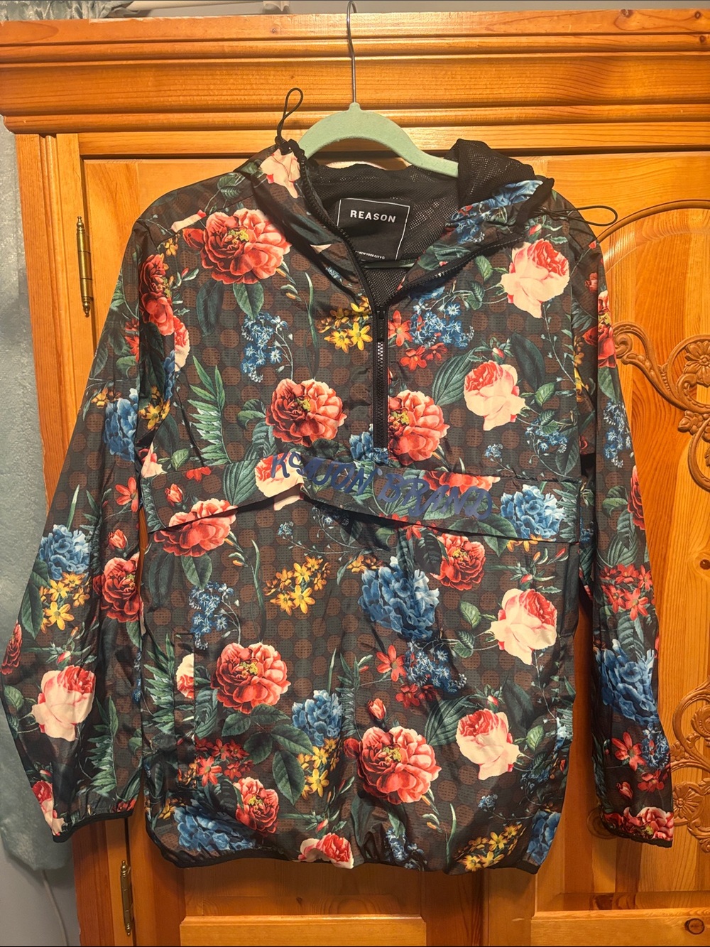 Reason Floral Hooded Bomber Jacket - Black with Red, Blue, Cream & Green